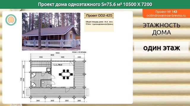 Проект дома № 143 в один этаж 76 м2 10.5 X 7.2 из оцилиндрованного бревна смотреть онлайн