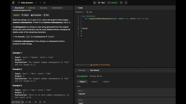 LeetCode 1143 Longest Common Subsequence - python смотреть онлайн