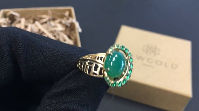 !Кольцо 094007 из желтого золота 585 пробы с зеленым агатом и фианитами смотреть онлайн