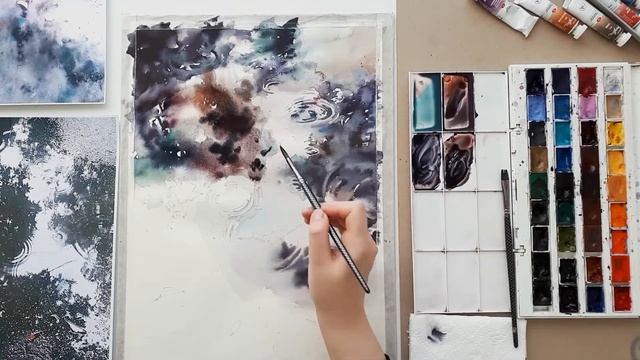 Отражение в луже акварелью.  Процесс рисования.