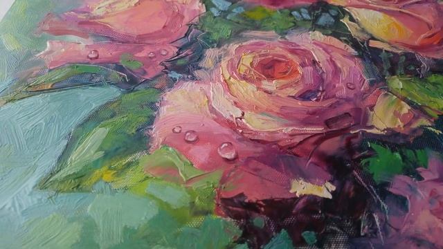 Картина маслом на холсте, цветы: Розовые розы Oil painting on canvas, flowers: Pink roses смотреть онлайн
