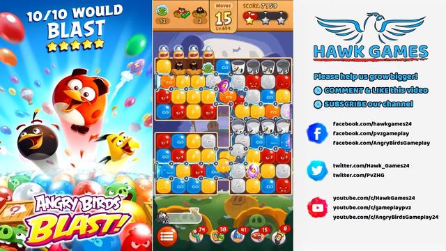 Angry Birds Blast Level 654 Hard - 3 Stars Walkthrough, No Boosters смотреть онлайн