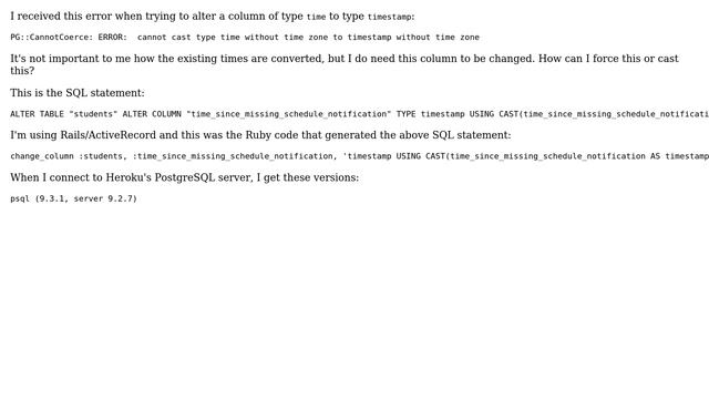 Databases: How to convert time without time zone to timestamp without time zone in PostgreSQL? смотреть онлайн