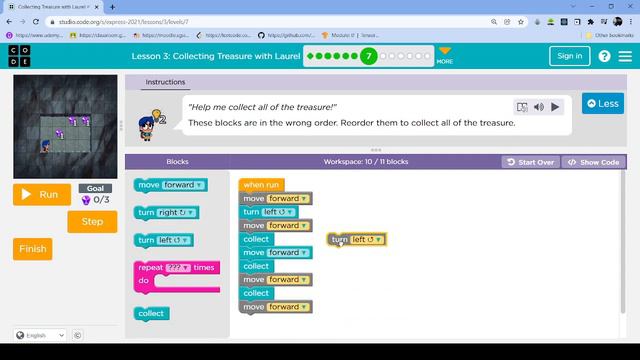 L3-7 |Code.org | Express-2021 | Lesson 3: Collecting Treasure with Laurel | level 7 смотреть онлайн
