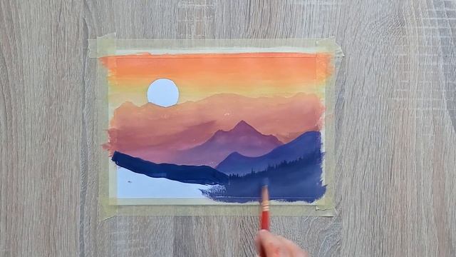 Рисуем простой закат в горах. Рисуем с трафаретом. Рисование пошагово для начинающих. смотреть онлайн