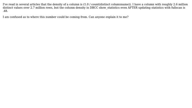 Databases: DBCC show_statistics: density doesn't match what I calculate смотреть онлайн