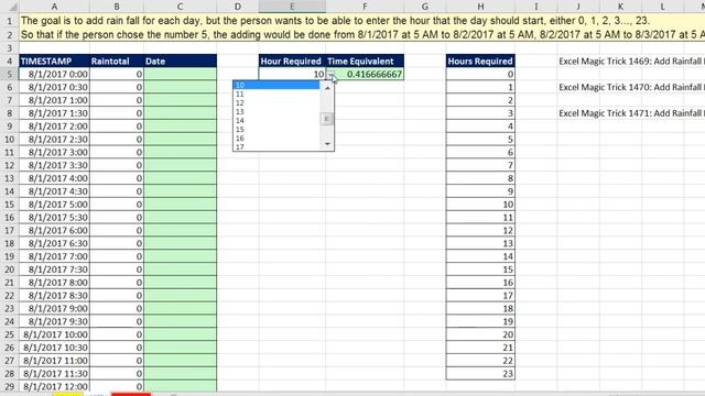 Excel Magic Trick 1469: Add Daily Rainfall 5 AM To 5 AM Next Day: Helper Column & PivotTable