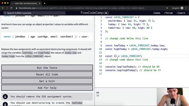 ES6 - Use Destructuring Assignment to Assign Variables from Nested Objects - Free Code Camp смотреть онлайн