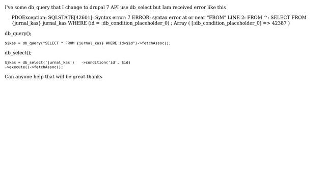 Drupal: PDOException: SQLSTATE[42601]: Syntax error: 7 ERROR: syntax error at or near "FROM" смотреть онлайн