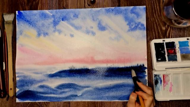 Зимний закат. Рисуем акварелью! Winter sunset. Let's paint with watercolors! смотреть онлайн