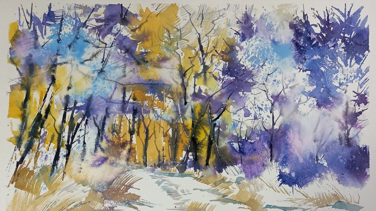 Заснеженный лес акварелью, быстро и просто смотреть онлайн
