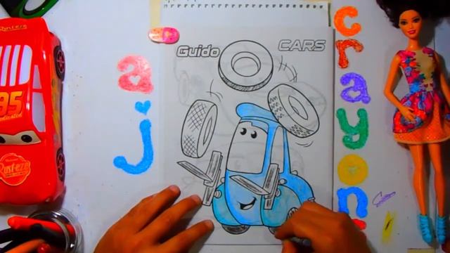 Cars - Guido juggling tyres - Coloring for Kids using Crayons смотреть онлайн