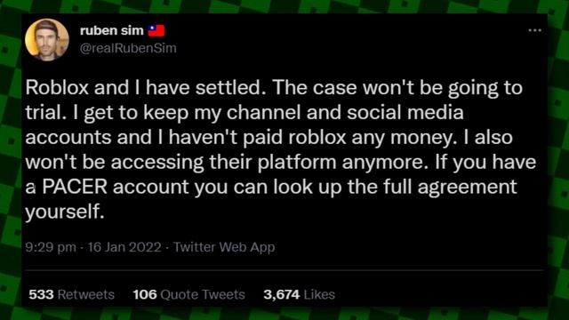 Ruben Sim Actually WON AGAISNT ROBLOX!? I CAN'T BELIEVE IT! (ROBLOX $1.6M LAWSUIT) смотреть онлайн