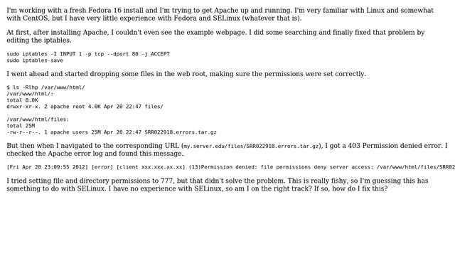 DevOps & SysAdmins: Fedora 16: "Permission denied: file permissions deny server access" смотреть онлайн