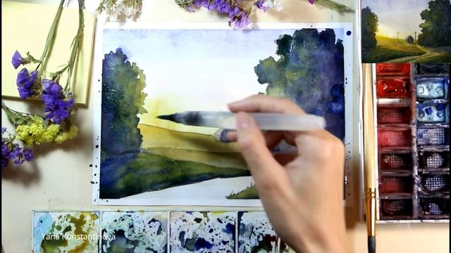 Как нарисовать пейзаж акварелью. Рисуем вечерний пейзаж. смотреть онлайн