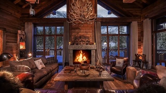 уютная атмосфера, камин, треск огня, шум костра, теплый уютный дом, зима за окном, метель за окном смотреть онлайн