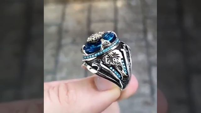 Два меча Голубой циркон на перстне из серебра ручной работы Микрокамни бирюза смотреть онлайн