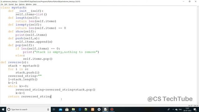 Palindrome Application with Stack ADT + Python Practical Implementation | CS TechTube смотреть онлайн