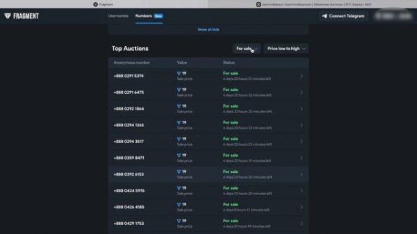 Анонимные номера Telegram - TON Numbers. Fragment