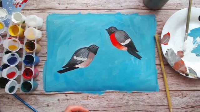 Рисунок гуашью. Снегири. смотреть онлайн
