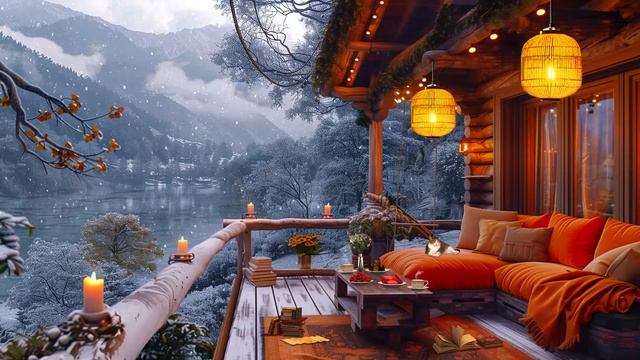 Soothing Jazz Background Music for Relax, Work ☕ Lakeside Porch Ambience with Gentle Falling Snow смотреть онлайн