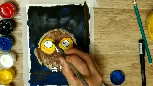 СОВА. Как нарисовать сову гуашью для начинающих. How to draw an owl Рисуем вместе Контрасты цвето смотреть онлайн