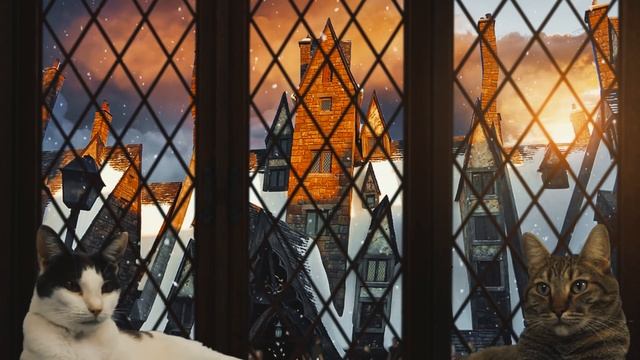 Hogsmeade Window [Sunset] Snowfall ? with Cats - Harry Potter Winter Ambience ? Christmas Music смотреть онлайн
