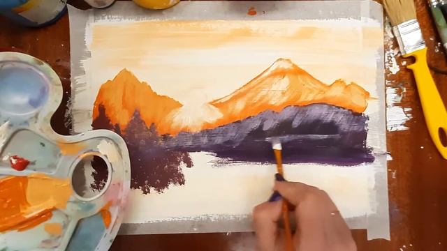 Как нарисовать горы. Как нарисовать закат в горах. Рисуем солнце в горах. Рисуем горы гуашью. смотреть онлайн