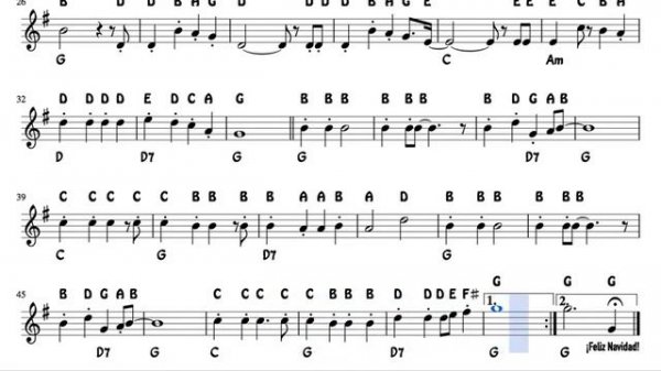 Jingle Bells Jazz Easy Notes Sheet Music in G for Flute Violin Oboe