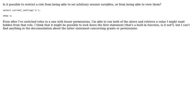Databases: Can Postgres restrict usage of the SET and SHOW commands? смотреть онлайн