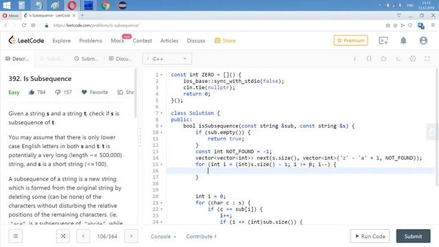 Разбор задачи 392 leetcode.com Is Subsequence. Решение на C++ смотреть онлайн