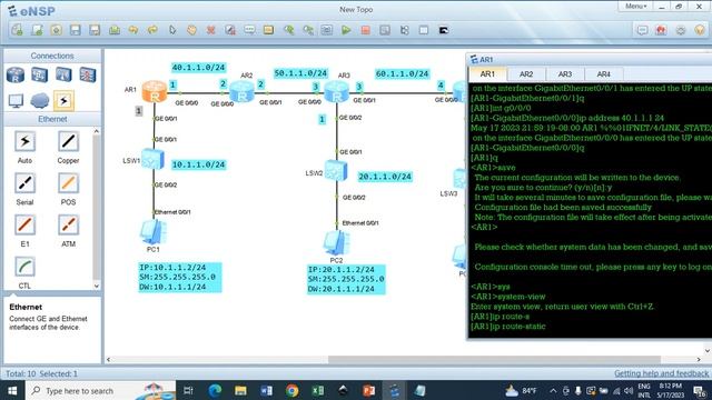 Ping & trace route from both PC to PC and Router to Router using eNSP static routing. смотреть онлайн