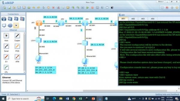 Ping & trace route from both PC to PC and Router to Router using eNSP static routing.