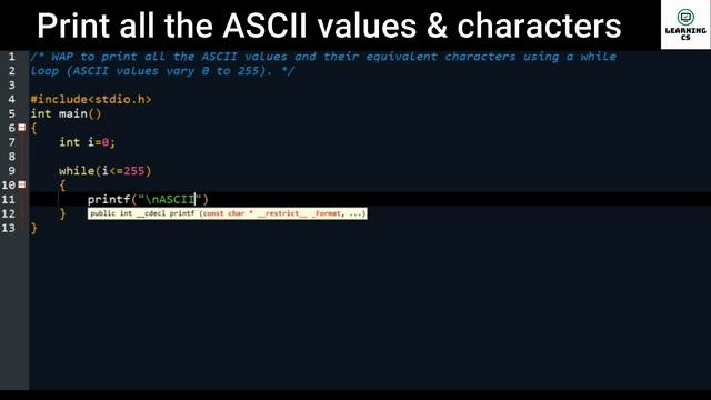 C Program to print all the ASCII values and their equivalent characters using while loop смотреть онлайн