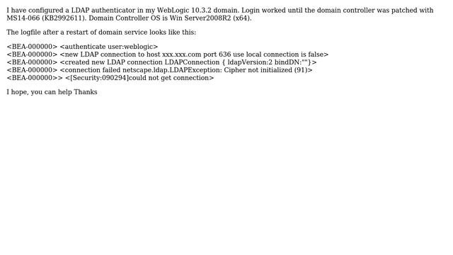 WebLogic 10.3.2 LDAP Authentication failure after Domain Controller Patch MS14-066 (KB2992611) смотреть онлайн