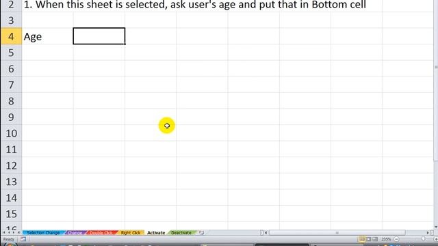 Excel VBA Events #5 Worksheet Activate-Select sheet, type age, inputbox puts it in bottom cell смотреть онлайн
