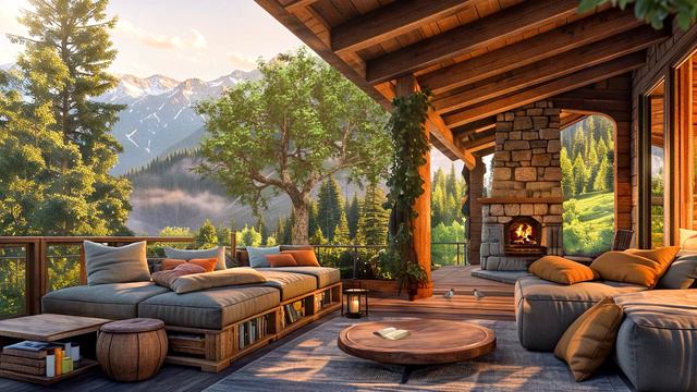Peaceful Morning Atmosphere Mountain Forest Terrace - Enchant Bird Sounds &Crackling Fireplace Relax