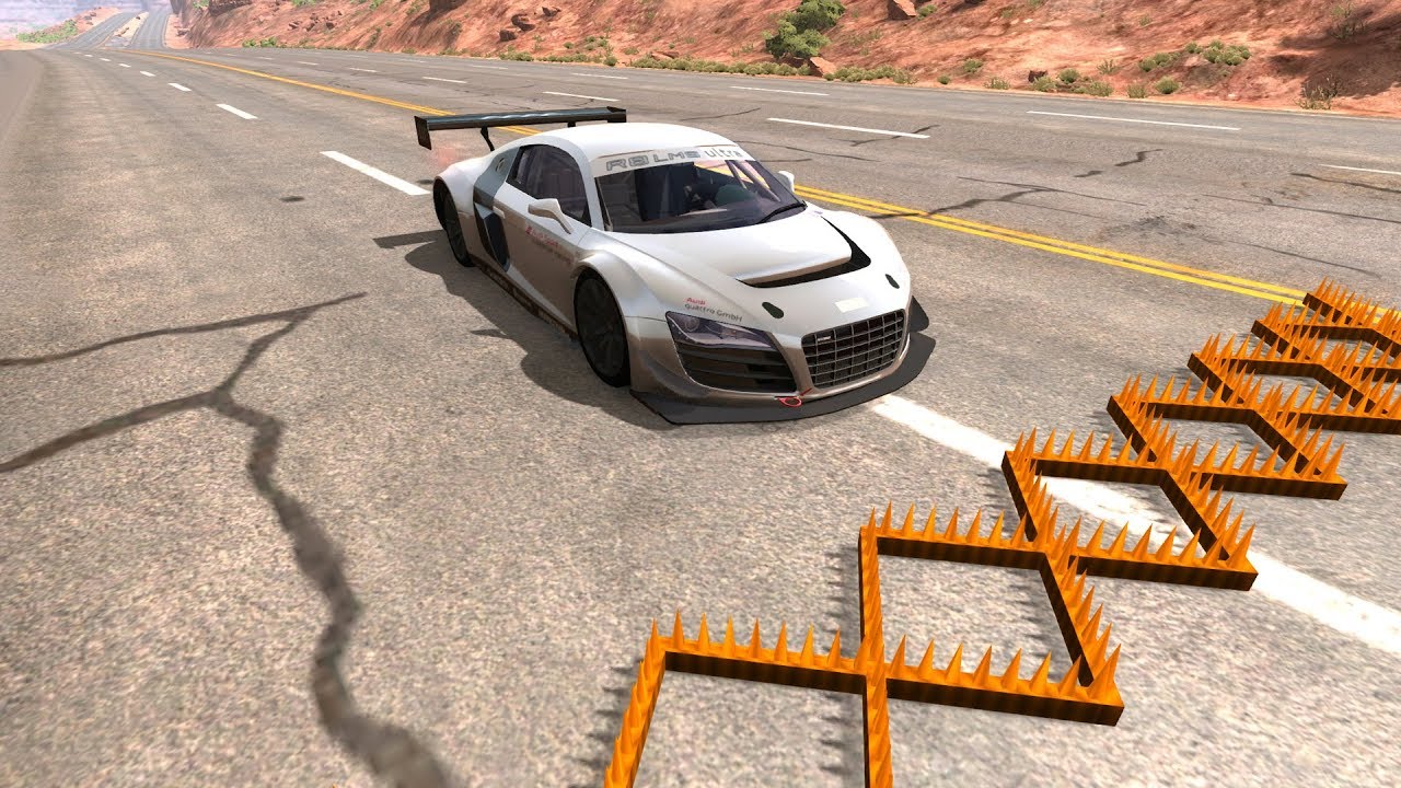 Автомобили против многочисленных полос с шипами – BeamNG.Drive смотреть онлайн