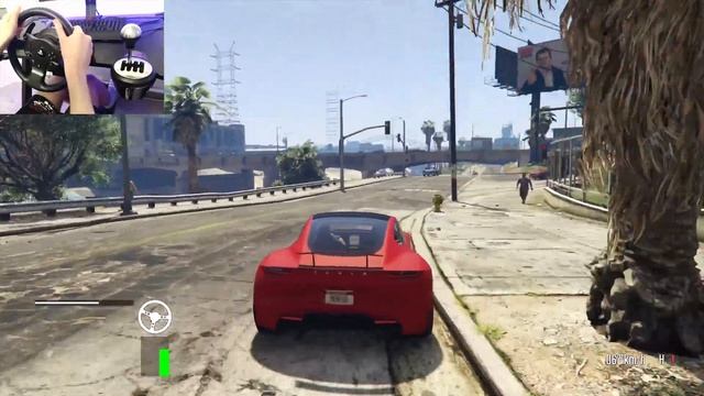 Tesla Roadster City Driving in GTA 5 with Steering Wheel Thrustmaster T150 Pro + TH8A [4K 60 FPS] смотреть онлайн