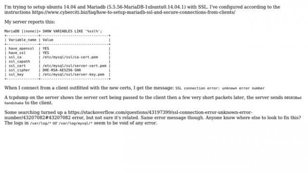 DevOps & SysAdmins: Mariadb and "SSL connection error: unknown error number"
