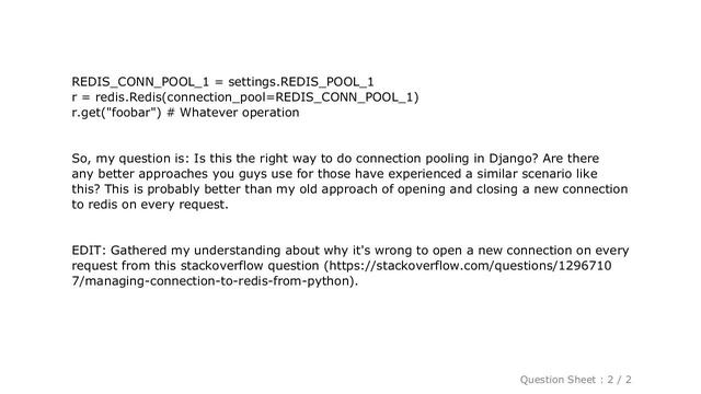 Django : Django & Redis: How do I properly use connection pooling? смотреть онлайн