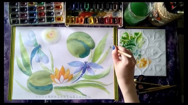 Пруд и стрекозы. Dragonflies in watercolor смотреть онлайн