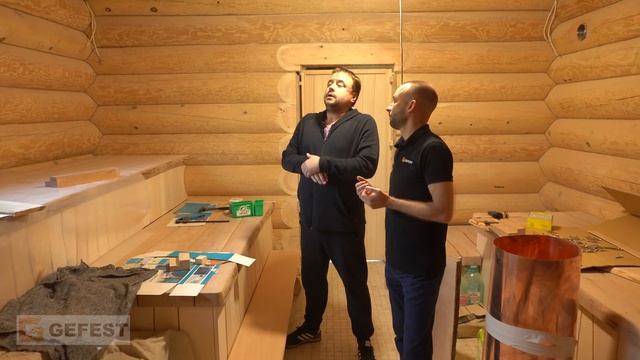 Огромная баня из рубленого бревна. Отделка парной с печью GEFEST на 100 КУБОВ! Разговор с мастером. смотреть онлайн