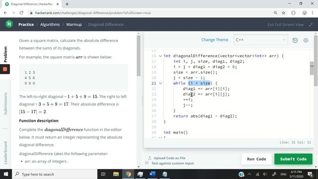 HackerRank C++ Solution: Diagonal Difference