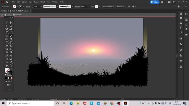 Fantasy night landscape with city lights | Adobe Illustrator CC vector illustration artwork смотреть онлайн