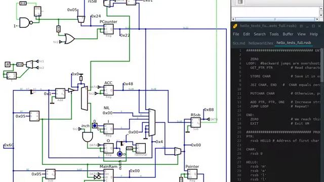 Helloworld on my mini 8-bit rssb OISC CPU (hneeman's Digital sim) смотреть онлайн