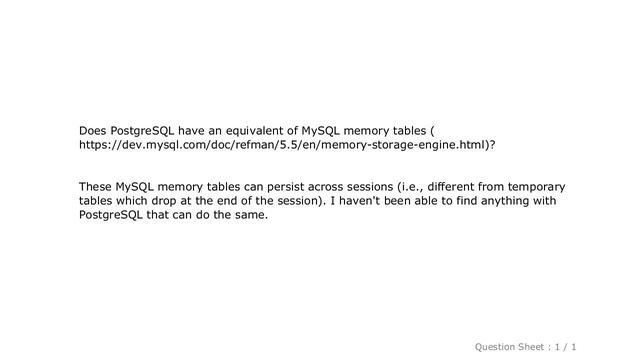 MySQL : PostgreSQL equivalent of MySQL memory tables? смотреть онлайн