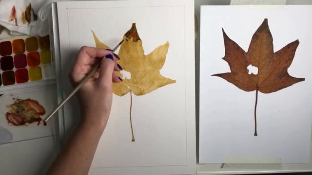 Лист из гербария детскими "медовыми"красками. смотреть онлайн