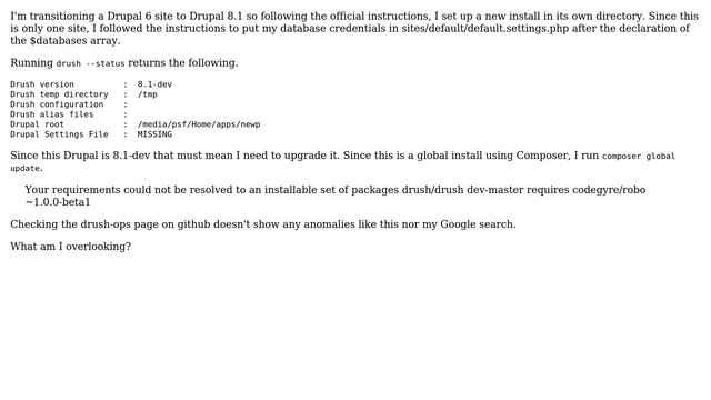 Drupal: drush/drush dev-master requires codegyre/robo ~1.0.0-beta1 смотреть онлайн