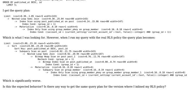 Databases: Postgres Row Level Security policy optimizes poorly compared to inline version смотреть онлайн